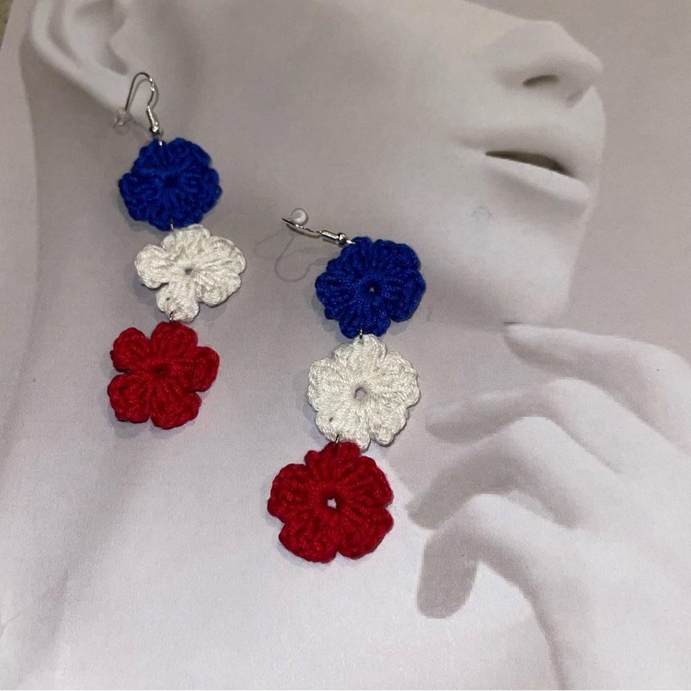 🌟 Handmade Red, Blue and White Cascading Floral Earrings